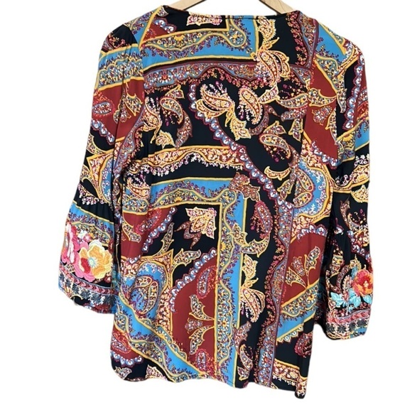 Savanna Jane Boho Floral Embroidered Paisley Bell Sleeve Black Top Size Small - Picture 4 of 13